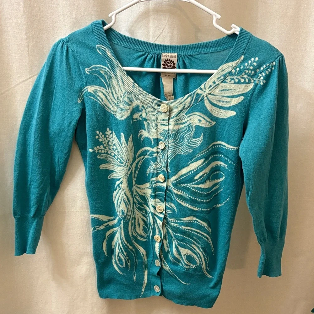 Lucky Brand Teal Button-Up Cardigan with White Floral Design - Picture 1 of 3